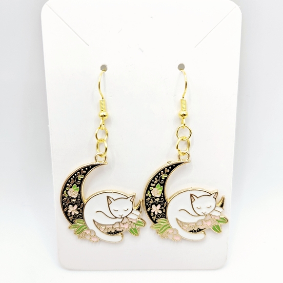 EverRoseLane Jewelry - Crescent Moon White Cat Floral Kitty Dangle Earrings French Hooks New